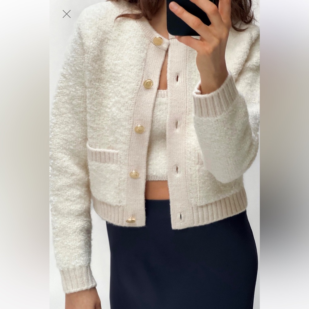 Zara BOUCLE knit cardigan sweater and bandeau set small ecru fuzzy teddy gold - Picture 2 of 13